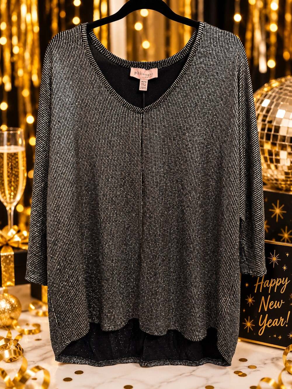 Philosophy Black Gold Metallic Knit Tunic Top 1X Plus Size V-Neck Holiday Party